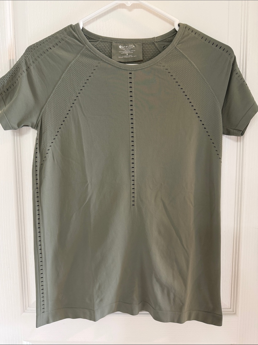 Athleta Olive Green Short Sleeve Active Tee with Laser-Cut Venting